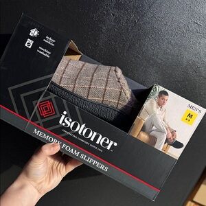 isotoner Men’s Slip-On Memory Foam Slippers in Brown Plaid